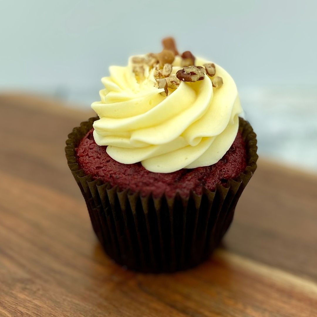 Red Velvet Cupcake, Topped with: Pecans