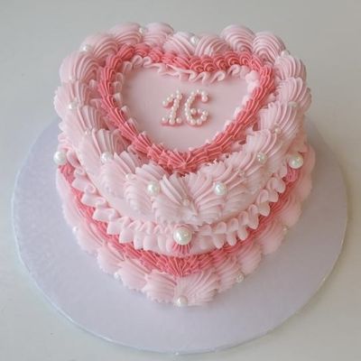 Vintage Pink Heart Cake with Pearl Number on Top