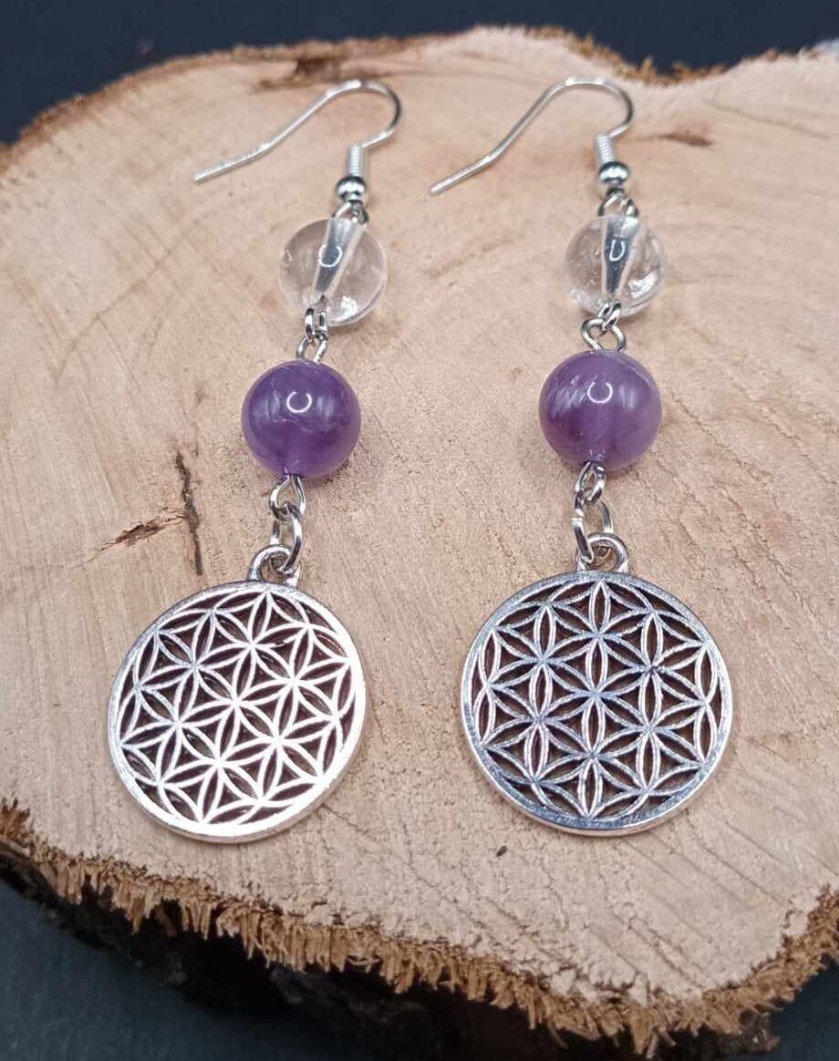 BOUCLES D&#39;OREILLES AMETHYSTE RUBANEE / FLEUR DE VIE