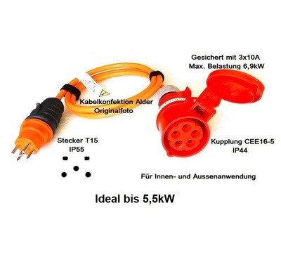 Stromadapter T15 auf CEE16-5 Purkabel gesichert max. 5,5kW ab 65.-