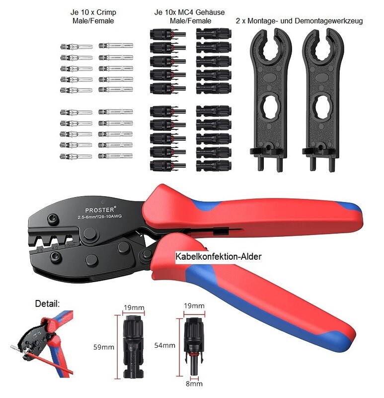 Aktion Crimpzange mit je 10 Stück Solarstecker + Kupplungen MC4 IP67 nur 49.90.-