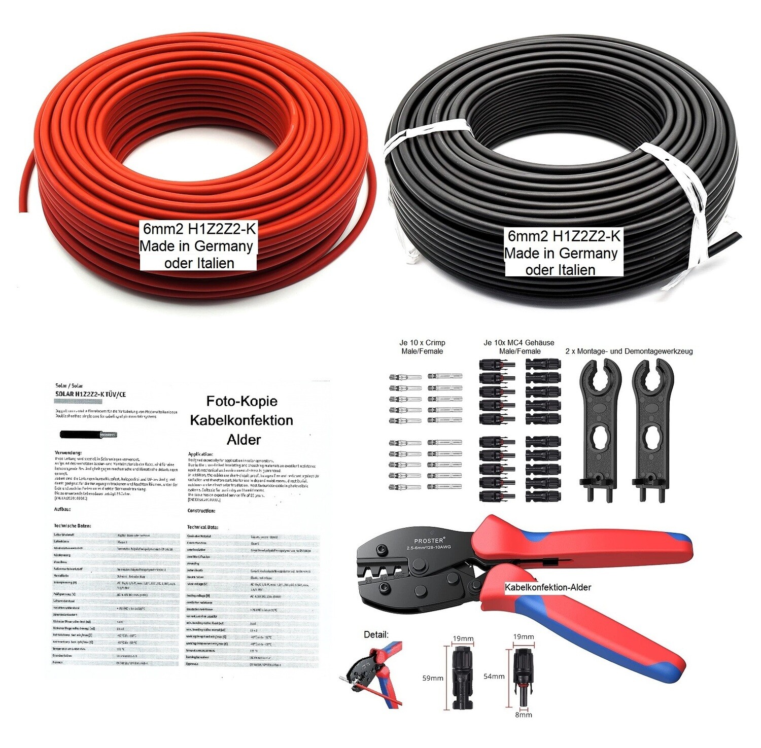 Solarkabel 6mm2 H1Z2Z2-K als Set rot + schwarz inkl. Crimpzange + je 10 Stück MC4 Stecker + Kupplungen ab 99.90.-