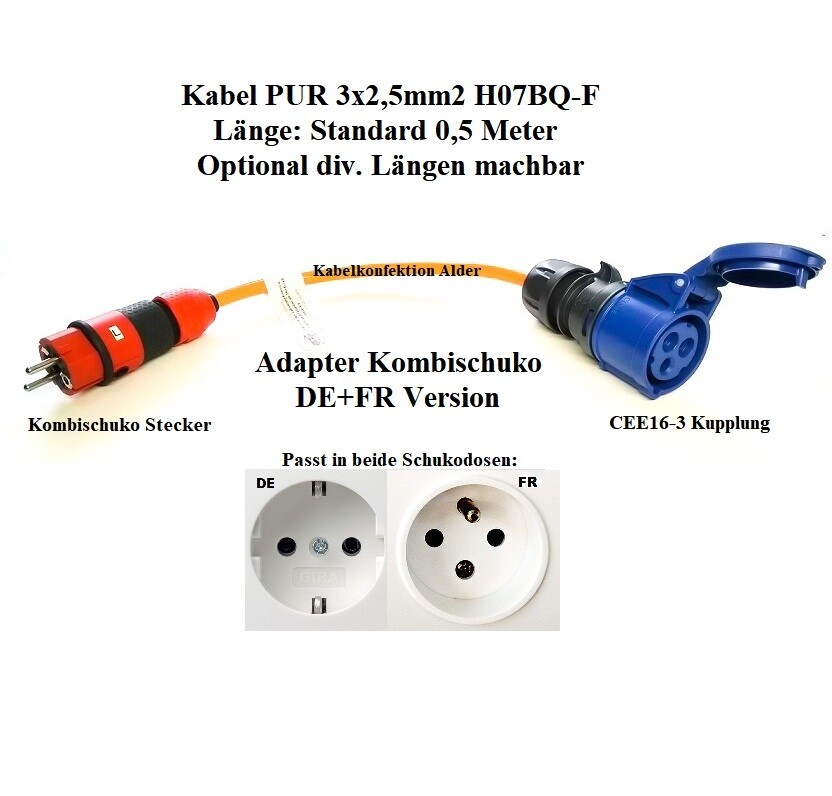Campingkabel Stromadapter mit Purkabel Kombischuko auf CEE16-3 IP44 ab  35.-