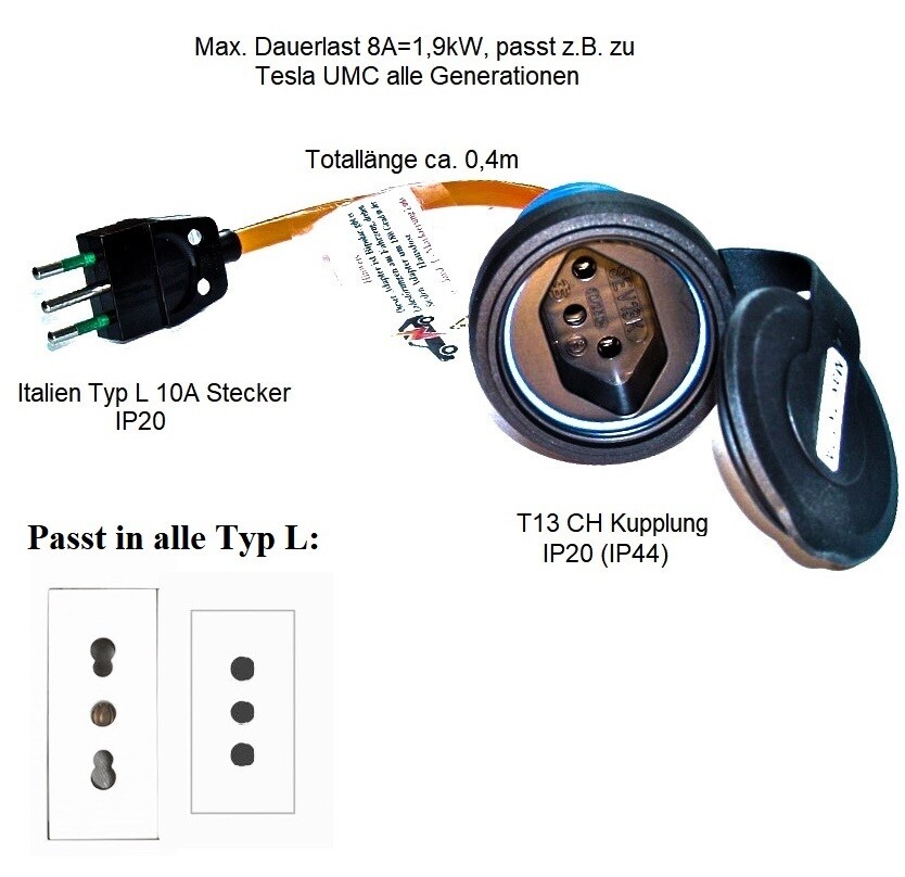 Italien Adapter zu T13 Ideal für original Tesla Ladegeräte 1.+2.Generation
