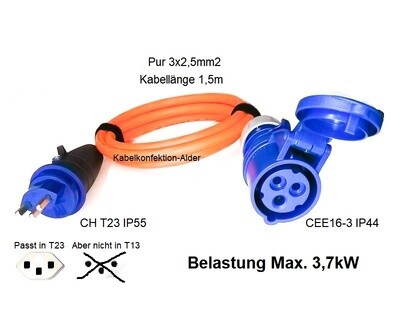 Pur Stromadapter CH T23 IP55 auf CEE16-3 IP44 bis 3,7kW ab 37.-