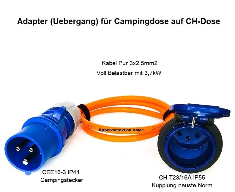 Campingkabel - Uebergang - Stromadapter Pur 3x2,5mm2 auf schweizer Dose IP55 ab 33.90.-