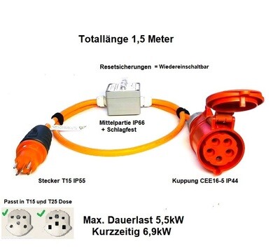 Stromadapter Pur 1,5 Meter T15 auf CEE16-5 5.5kW z.B. für Tesla UMC der 1.Generation mit Sicherungsautomaten, auch für weitere Geräte verwendbar