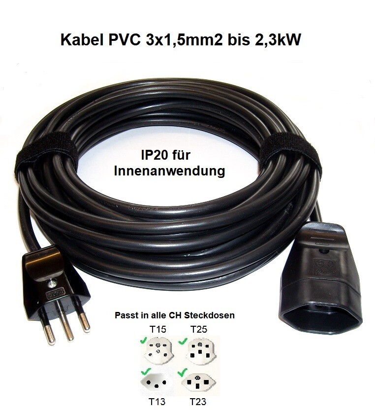 T12 Verlängerungskabel PVC schwarz IP20 für Innenanwendung starke Kabel-Ausführung 3x1,5mm2 ab 11.90.-