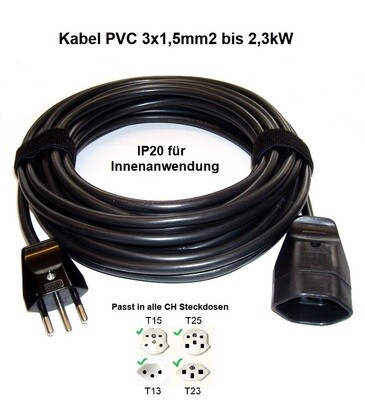 T12 Verlängerungskabel PVC schwarz IP20 für Innenanwendung starke Kabel-Ausführung 3x1,5mm2 ab 9.90.-