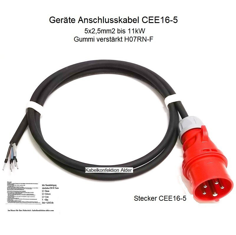 Geräteanschlusskabel CEE16-5 IP44 Gummi verstärkt 5x2,5mm2 für Innen- und Aussenanwendung bis 11kW ab 35.-