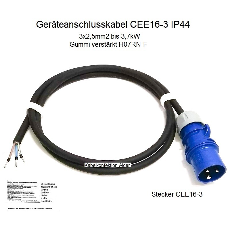 Geräteanschlusskabel CEE16-3 IP44 Gummi verstärkt 3x2,5mm2 für Innen- und Aussenanwendung bis 3,7kW ab 25.-