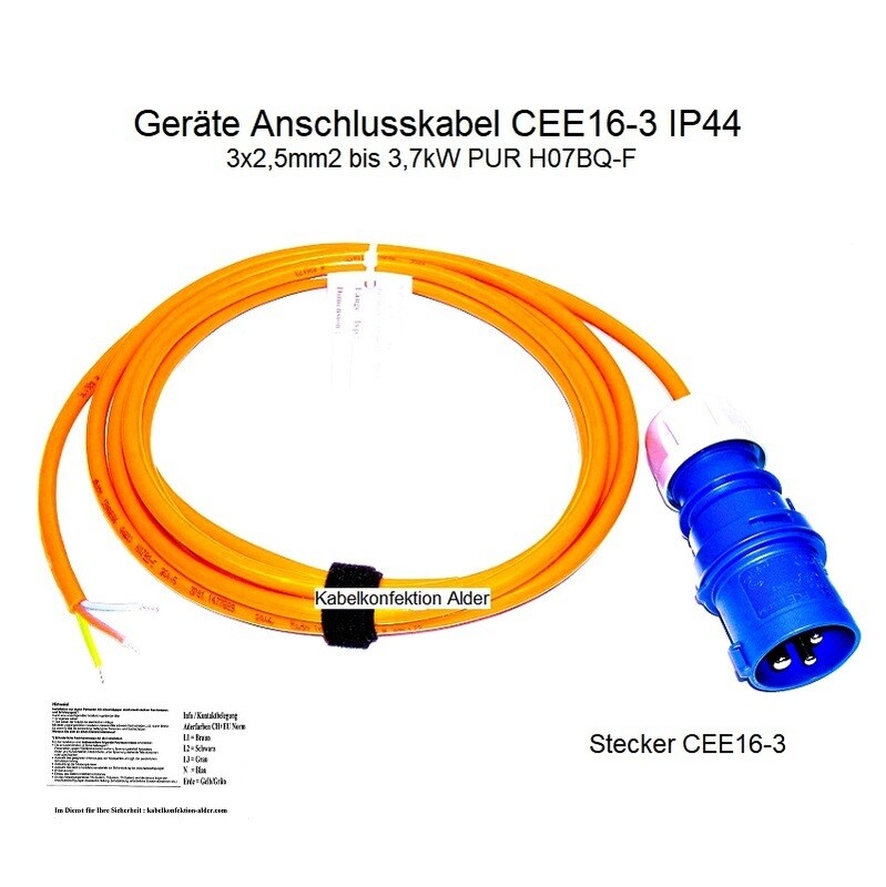 Geräteanschlusskabel CEE16-3 IP44 Pur 3x2,5mm2 für Innen- und Aussenanwendung bis 3,7kW ab 25.-