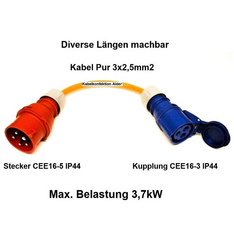 Stromadapter Pur CEE16-5 auf CEE16-3 IP44, 3x2,5mm2 bis 3,7kW div. Längen ab 35.-