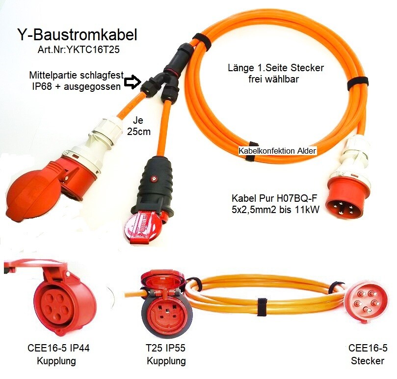 Y Spezialkabel Pur CEE16-5 mit 2 Abgängen 1xCEE16-5/1xT25IP55 ab 65.-