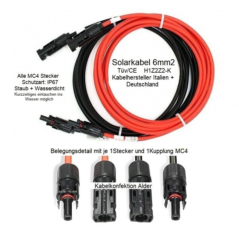 Solarkabel 6mm2 Paarweise mit MC4 IP67 Tüv rot + schwarz div. Längen ab 19.90.-
