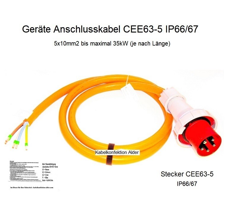 Pur Geräteanschlusskabel CEE63-5 IP66/67 5x10mm2 für Innen+Aussenanwendung bis max. 35kW ab 94.-