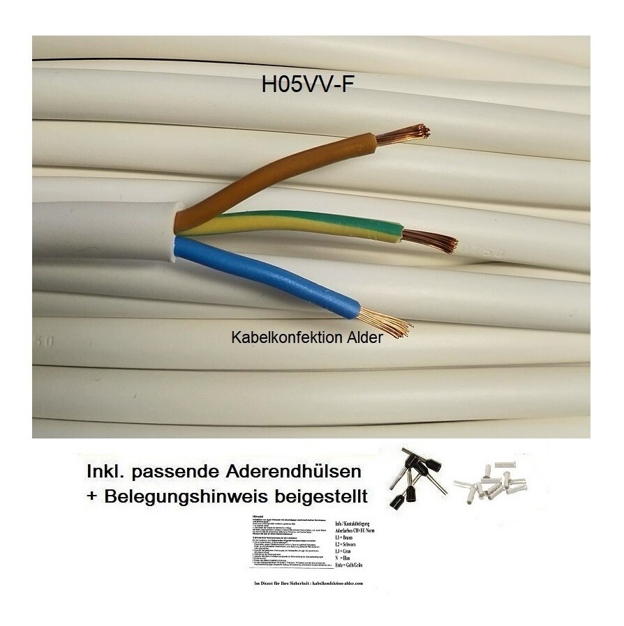 PVC Kabel 3x1mm2 weiss H05VV-F flexibel Meterware und Ringe, Preis pro Meter 1.-