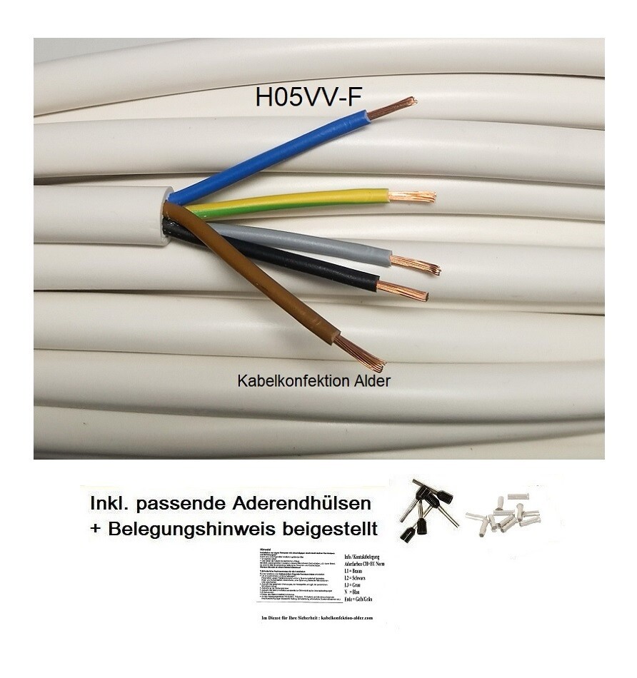 PVC Kabel 5x1,5mm2 weiss für Innenanwendung H05VV-5 flexibel, Meterware und Ringe, Preis pro Meter