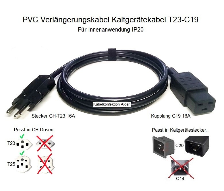 PVC Kaltegerätekabel T23 auf C19 Kaltgerätekupplung IP20 3x1,5mm2 (bis 3kW) ab 19.-
