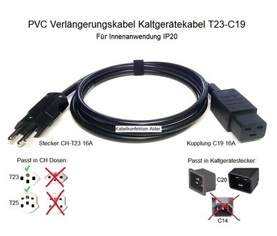 PVC Kaltegerätekabel T23 auf C19 Kaltgerätekupplung IP20 3x2,5mm2 (bis 3,6kW) ab 21.90.-