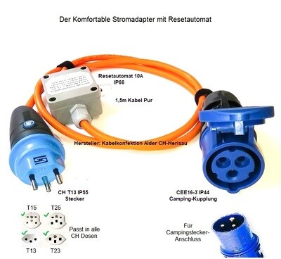 1,5m Pur Stromadapter Caravan Kabel T13 auf CEE16-3 IP44 mit Resetsicherung 79.-