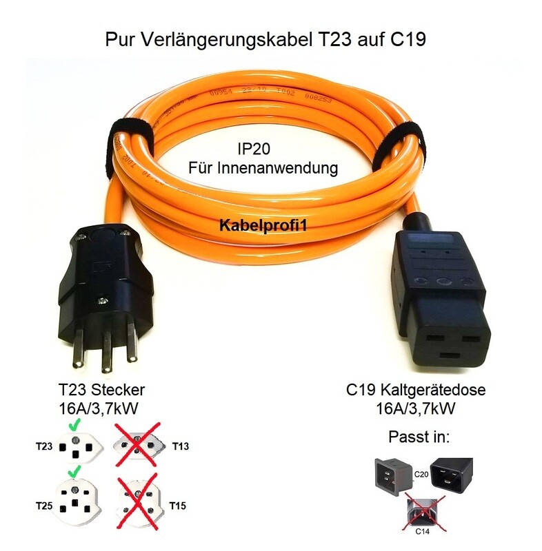 Pur Kaltgerätekabel T23 auf C19 Kaltgerätekupplung IP20 3x2,5mm2 (bis 3,7kW) ab 27.90.-