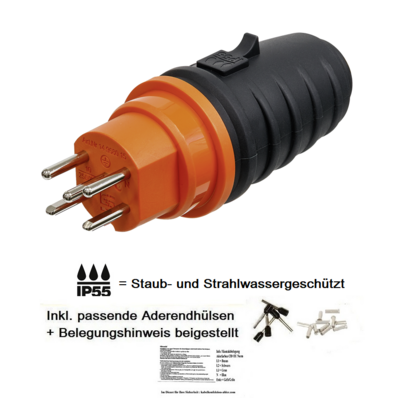 Stecker T15 IP55 Staub- und Strahlwassergeschützt für Innen und Aussenanwendung SN441011