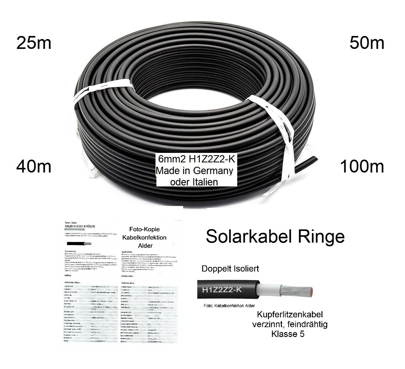 Solarkabel 6mm2 H1Z2Z2-K schwarz Qualitätskabel Solar Ringe 25m, 40m, 50m, 100m ab 39.90.-