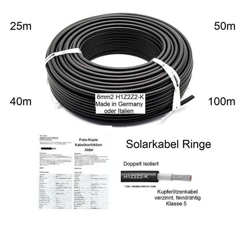 Solarkabel 6mm2 H1Z2Z2-K schwarz Qualitätskabel Solar Ringe 25m, 40m, 50m, 100m ab 39.90.-