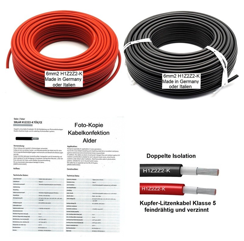 Solarkabel 6mm2 Qualitätskabel Set je 25m Made in Germany + Italien
