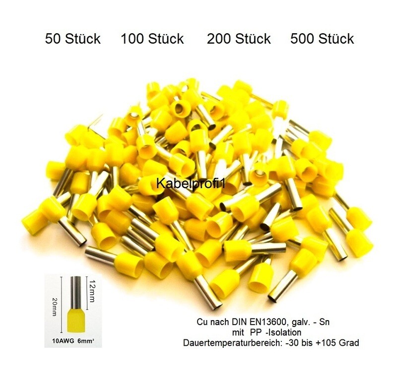 Endhülsen 6mm2 x 12mm mit PP Isolation für Kabelenden Cu/Sn bis 105 Grad ab 4.90.-