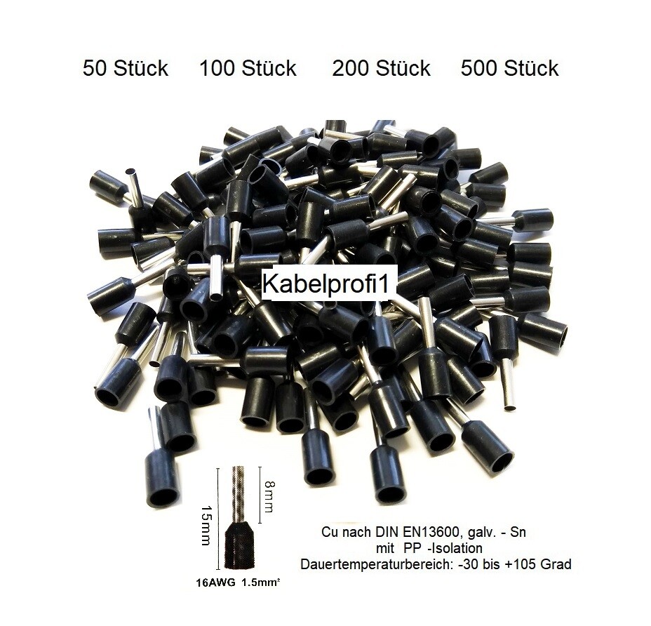 Endhülsen 1,5mm2 x 8mm mit PP Isolation für Kabelenden Cu/Sn bis 105 Grad ab 1.90.-