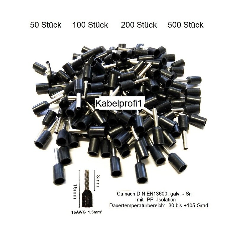 Endhülsen 1,5mm2 x 8mm mit PP Isolation für Kabelenden Cu/Sn bis 105 Grad ab 1.90.-