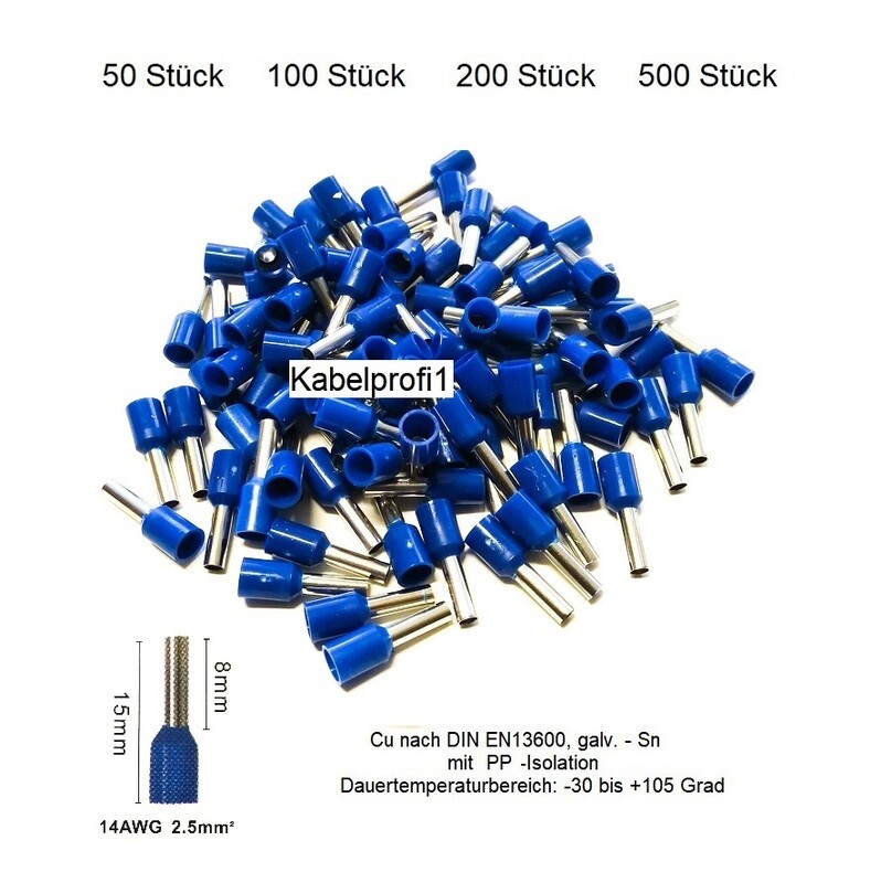 Endhülsen 2,5mm2 x 10mm mit PP Isolation für Kabelenden Cu/Sn bis 105 Grad ab 3.90.-