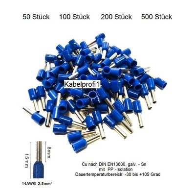 Endhülsen 2,5mm2 x 8mm mit PP Isolation für Kabelenden Cu/Sn bis 105 Grad ab 2.90.-
