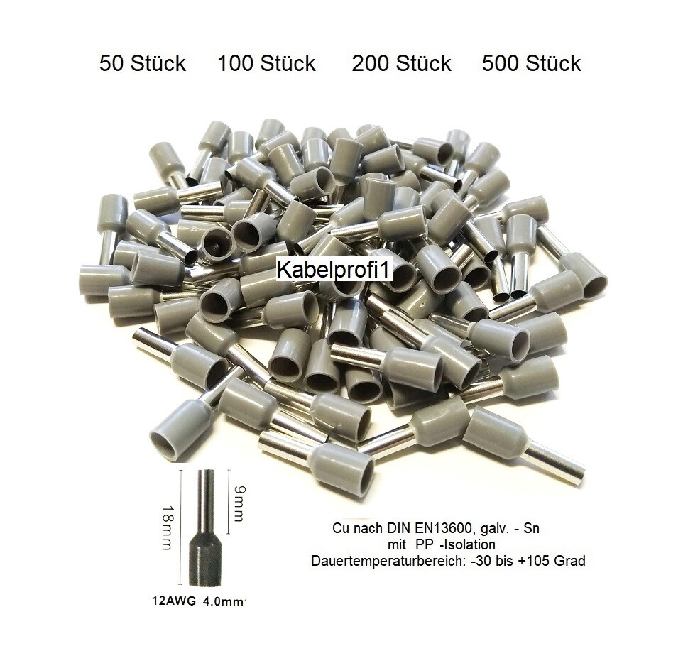 Endhülsen 4mm2 x 9mm mit PP Isolation für Kabelenden Cu/Sn bis 105 Grad ab 3.90.-