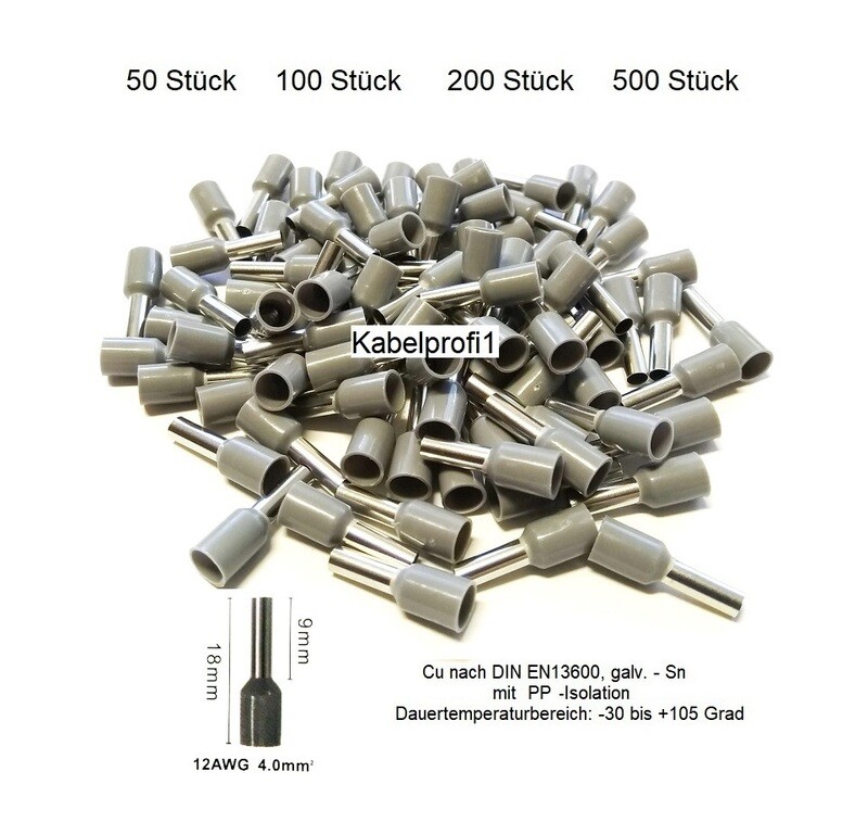 Endhülsen 4mm2 x 9mm mit PP Isolation für Kabelenden Cu/Sn bis 105 Grad ab 3.90.-