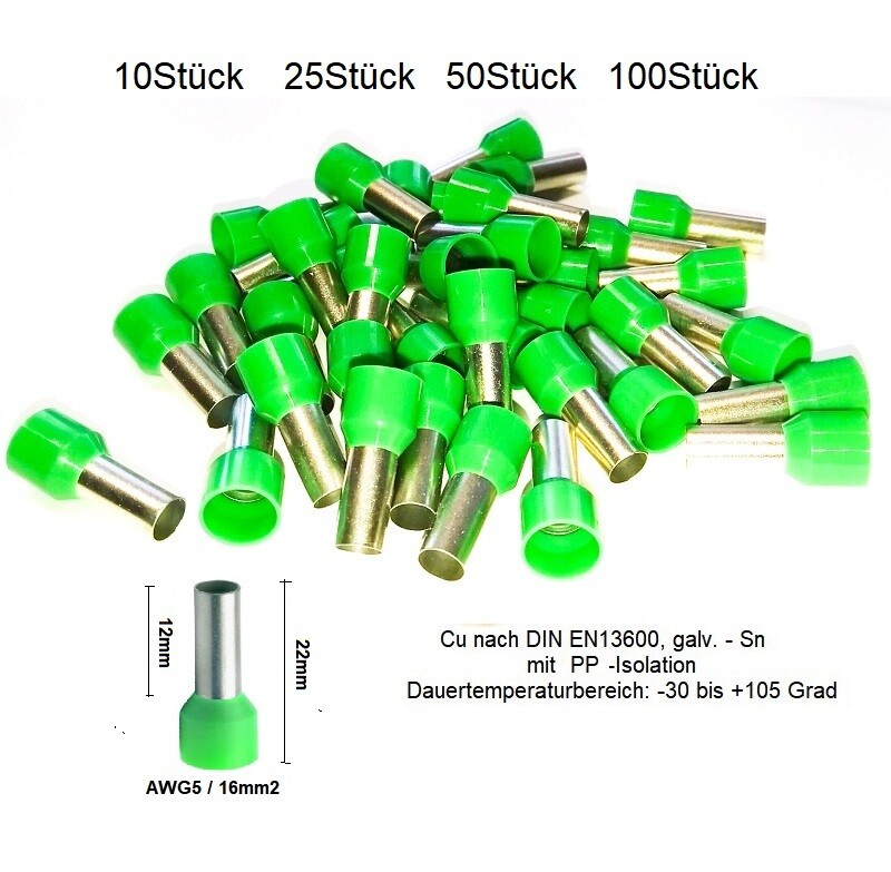 Endhülsen 16mm2 x 12mm mit PP Isolation für Kabelenden Cu/Sn bis 105 Grad ab 3.90.-