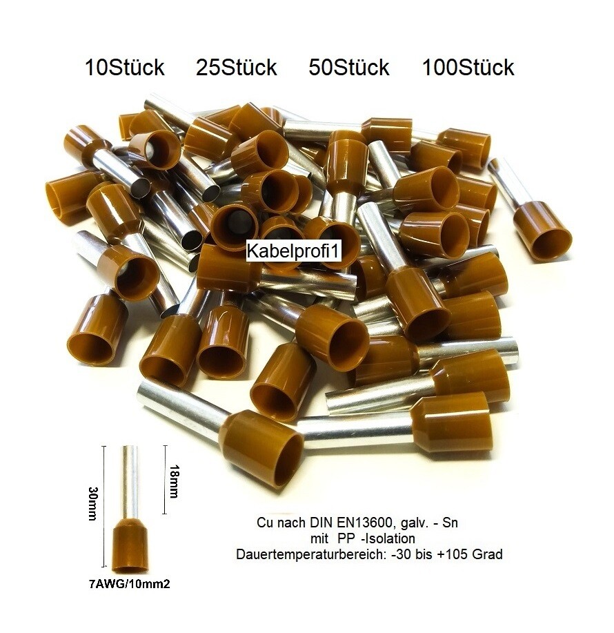 Endhülsen 10mm2 x 18mm mit PP Isolation für Kabelenden Cu/Sn bis 105 Grad ab 3.90.-