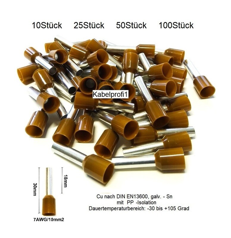 Endhülsen 10mm2 x 18mm mit PP Isolation für Kabelenden Cu/Sn bis 105 Grad ab 3.90.-