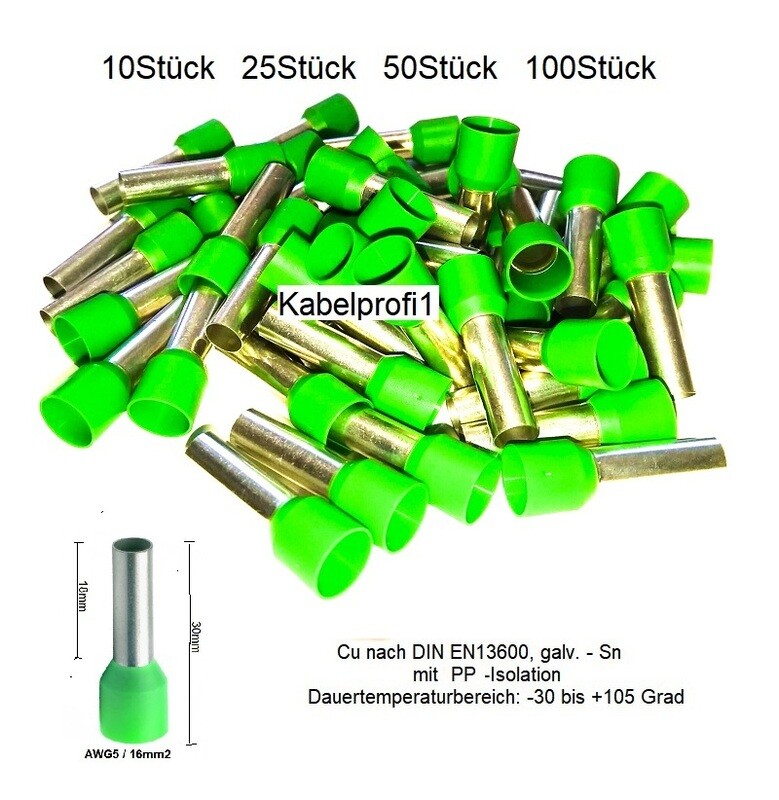 Endhülsen 16mm2 x 18mm mit PP Isolation für Kabelenden Cu/Sn bis 105 Grad ab 4.90.-