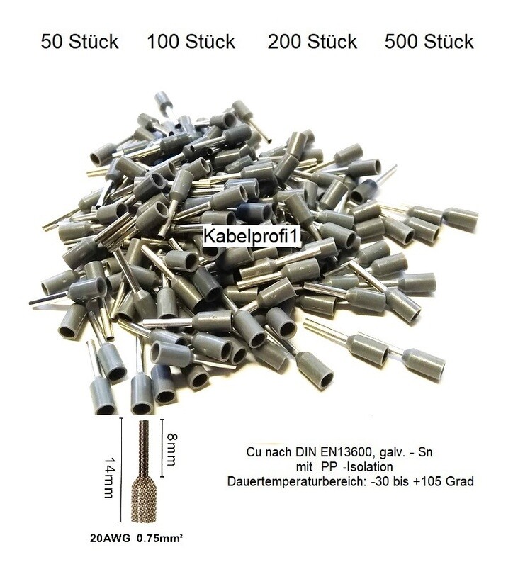 Kabel Endhülsen 0,75mm2 x 8mm mit PP Isolation Cu/Sn bis 105 Grad ab 1.50.-