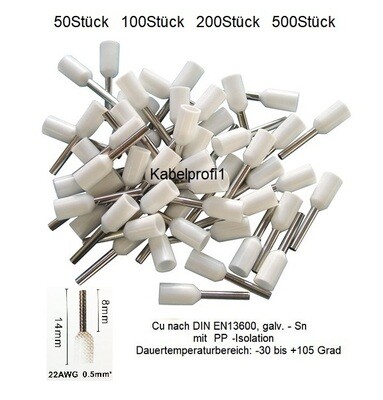 Kabel Endhülsen 0,5mm2 x 8mm mit PP Isolation Cu/Sn bis 105 Grad ab 1.-