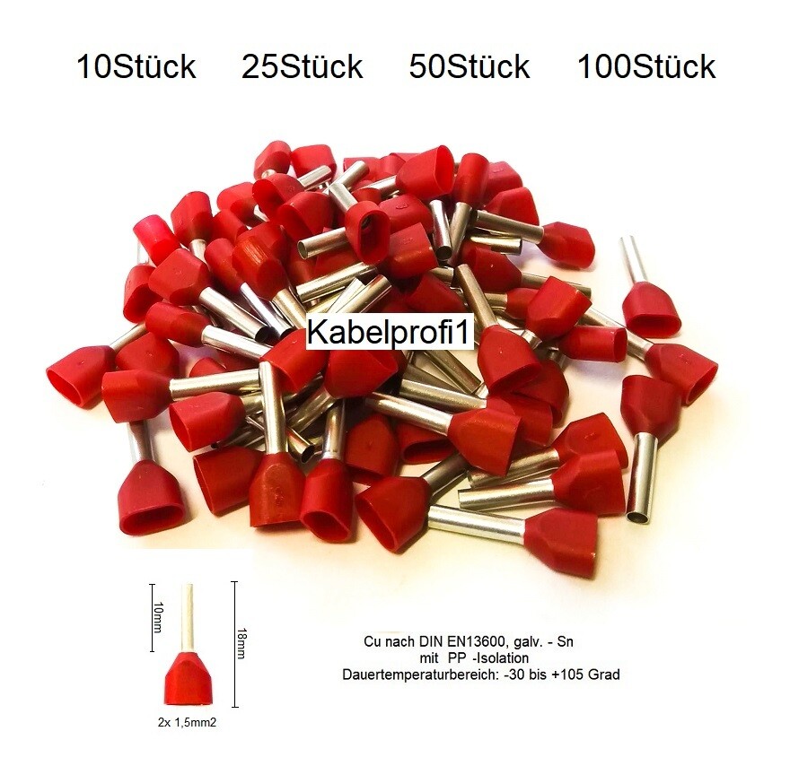 Zwillings Endhülsen 2x1,5mm2 x 10mm mit PP Isolation für 2 Kabelenden Cu/Sn bis 105 Grad ab 1.-