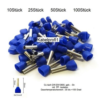 Zwillings Endhülsen 2x2,5mm2 x 12mm mit PP Isolation für 2 Kabelenden Cu/Sn bis 105 Grad ab 2.-