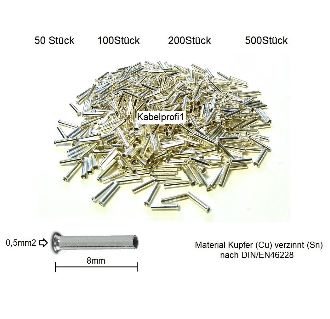 Endhülsen 0,5mm2 x 8mm für Kabelenden Kupfer reinverzinnt Cu/Sn ab 1.-