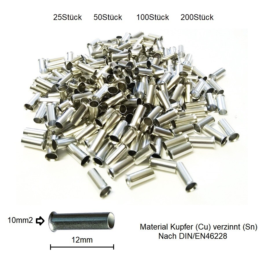 Endhülsen 10mm2 x 12mm für Kabelenden Kupfer reinverzinnt Cu/Sn ab 3.90.-