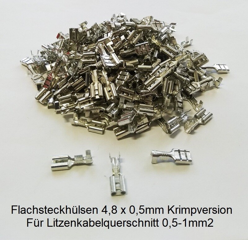 Flachsteckhülsen 4,8x0.5mm 500er Beutel für Litzenkabel 0,5-1mm2 Krimpversion nur 19.90.-
