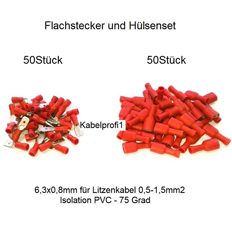 Flachstecker + Flachsteckhülsen 6,3 x 0,8mm je 50 Stück als Set nur 8.90.-