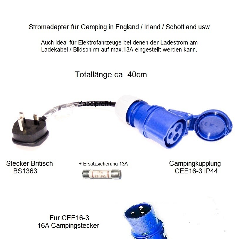 Stromadapter Britisch BS1363 - CEE16-3 für Camping und Tesla usw. bis 3kW nur 29.-